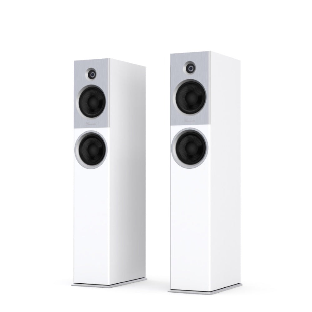A front view of a white Burmester B18 Floor Standing Speaker - HiFi Centre.