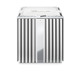 Silver Burmester 909 Reference Line Power Amplifier with a front-facing speaker connection point and control knobs - Hi-Fi Centre.