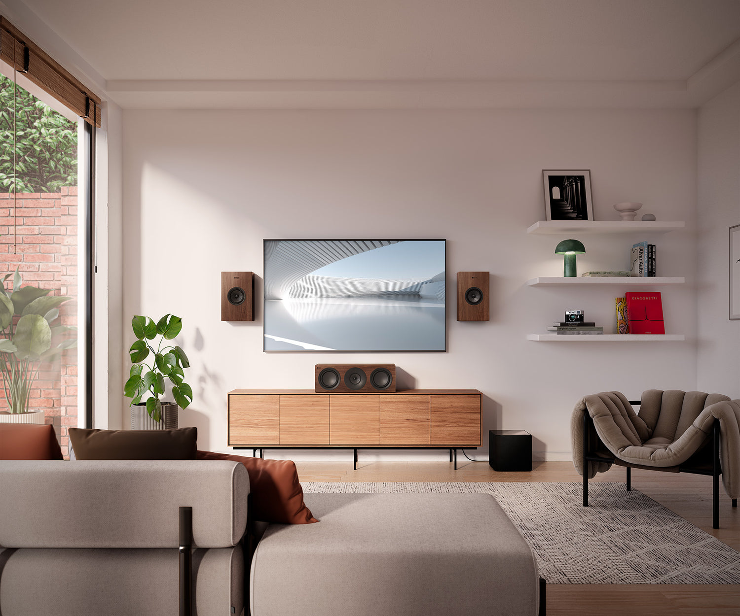 A modern living room featuring a walnut KEF Q4 Meta speaker.