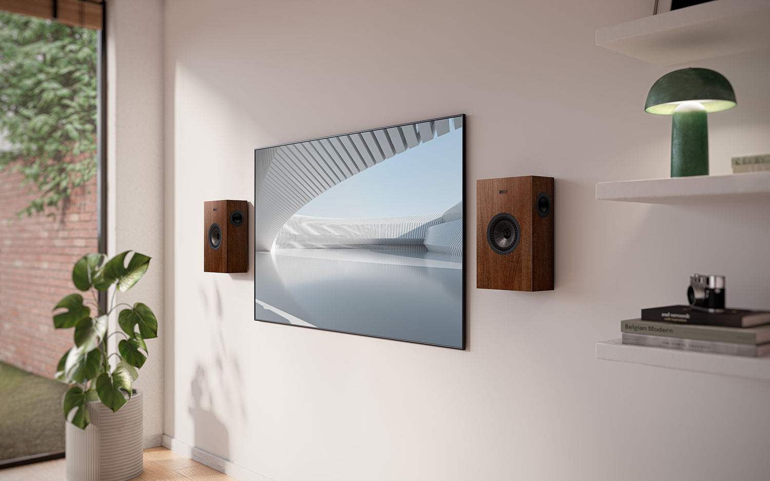 A closeup on a modern living room wall featuring KEF Q4 Meta speaker in walnut finish.