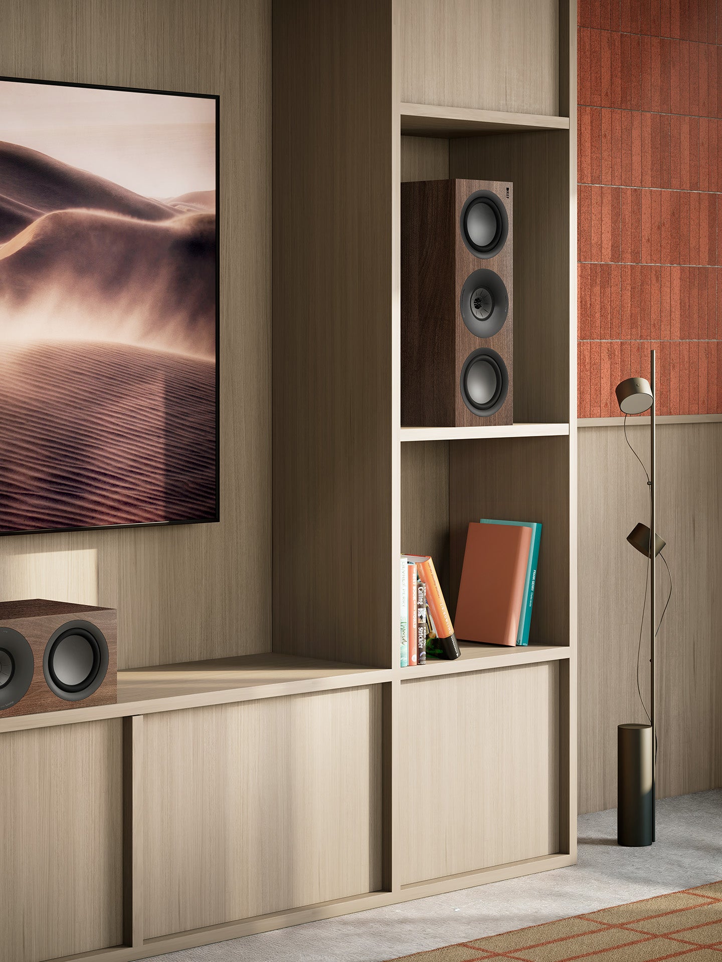 A modern music room featuring a walnut KEF Q6 Meta Centre Channel.
