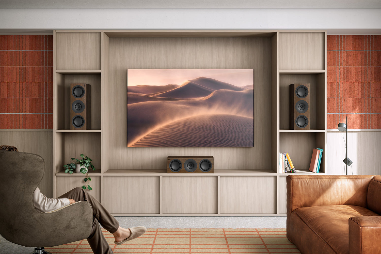A modern living room featuring a walnut KEF Q6 Meta Centre Channel.