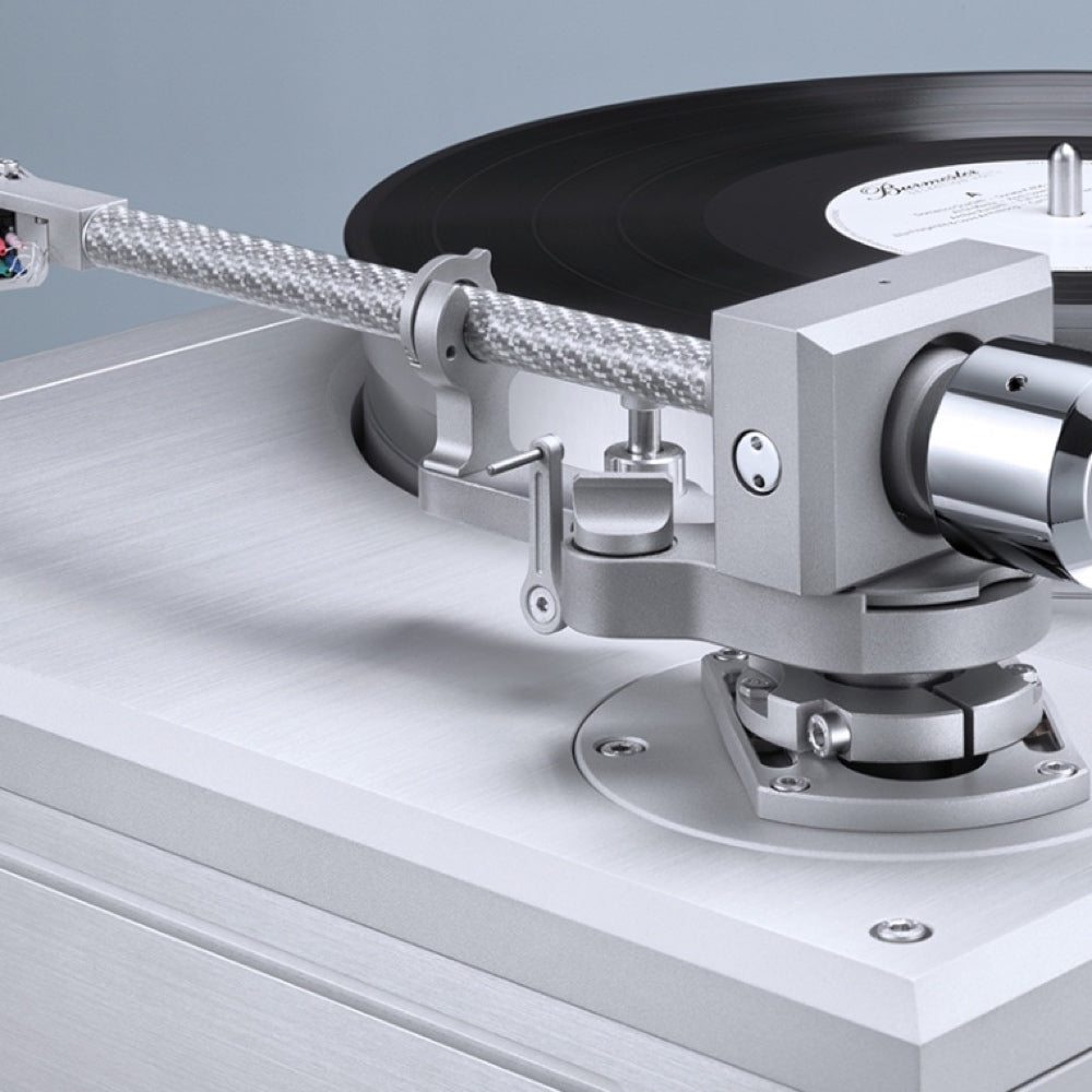 A closeup of a silver Burmester 175 Reference Line Turntable - HiFi Centre.
