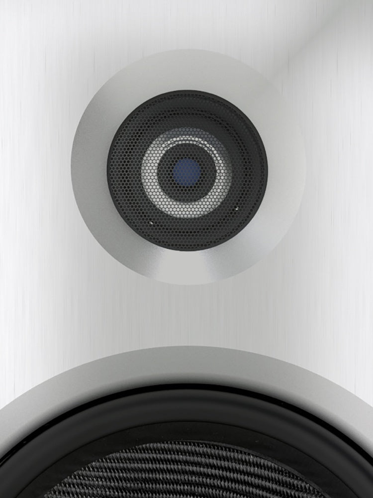 A closeup view of a white Burmester B18 Floor Standing Speaker - HiFi Centre.