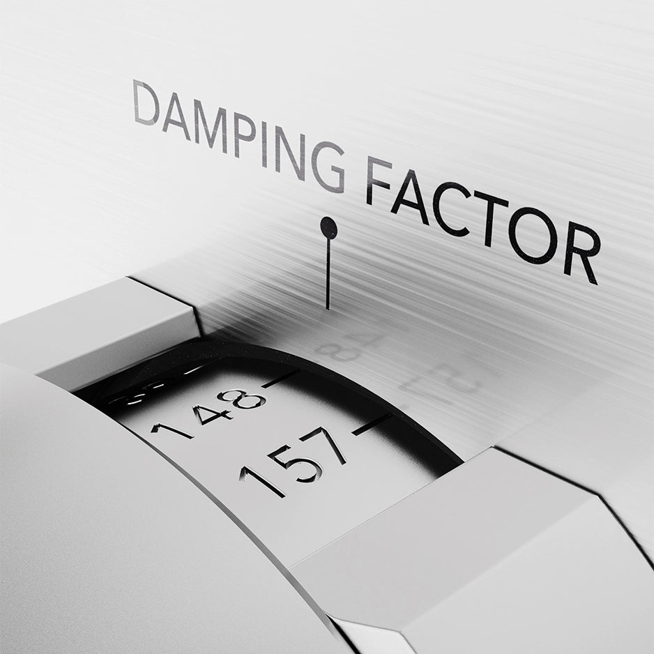 Close-up of a control knob with 'Damping Factor' text and numbers on a metallic Burmester 159 Signature Line Mono Amplifier.
