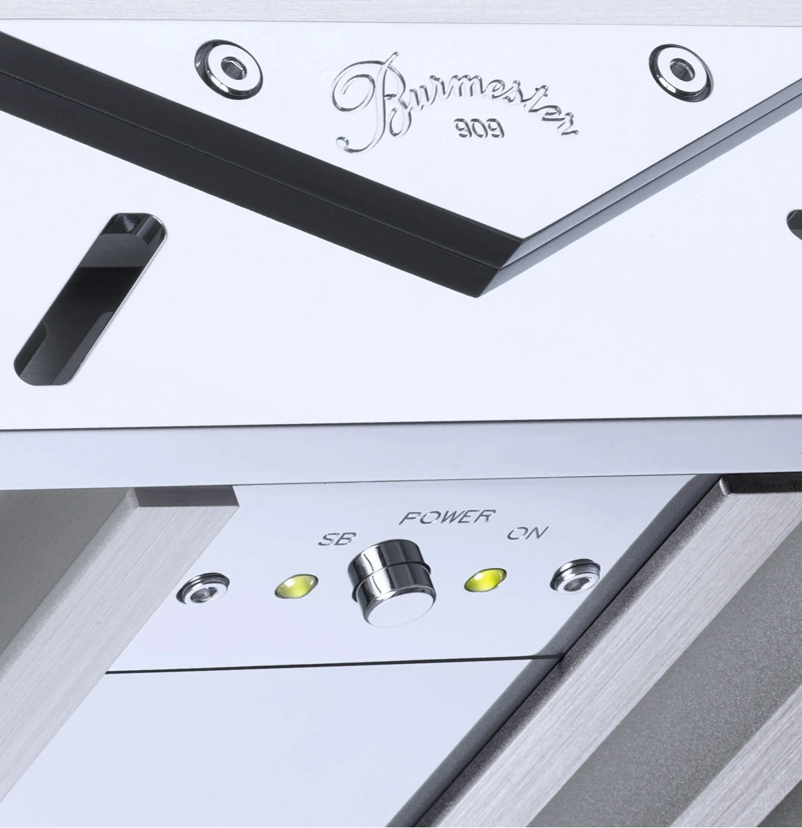 Close-up of a silver Burmester 909 Reference Line Power Amplifier with 'Burmester' branding and control buttons - HiFi Centre.