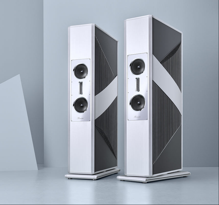 Pair of modern Burmester BC350 Signature Line Speakers on a gray background - HiFi Centre.