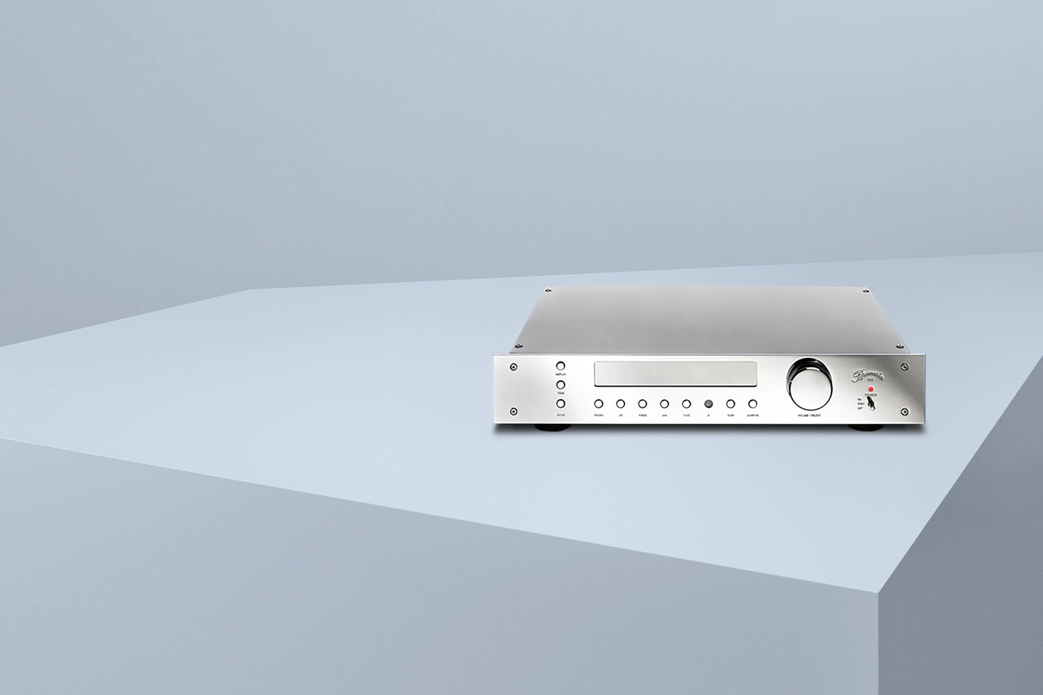 Silver Burmester 035 Classic Line Preamplifier on a gray background.