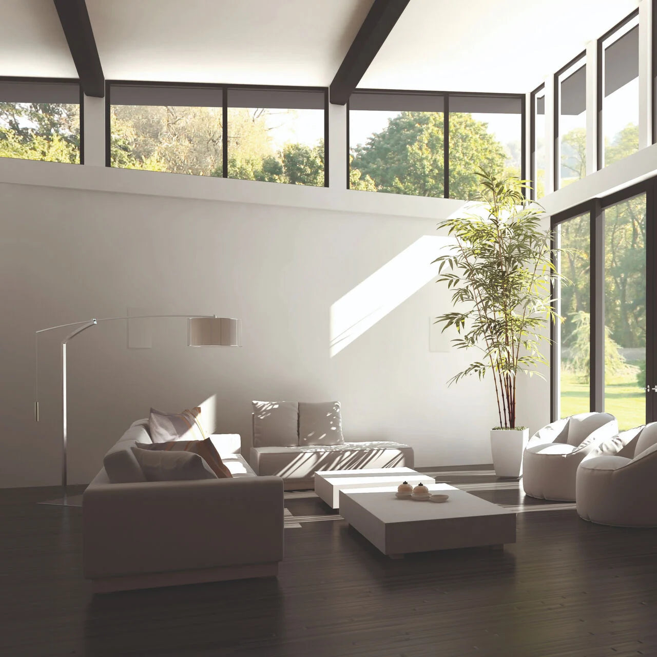 A pair of B&W CWM8.5D Reference In-Wall Speakers in a ultra modern living room.