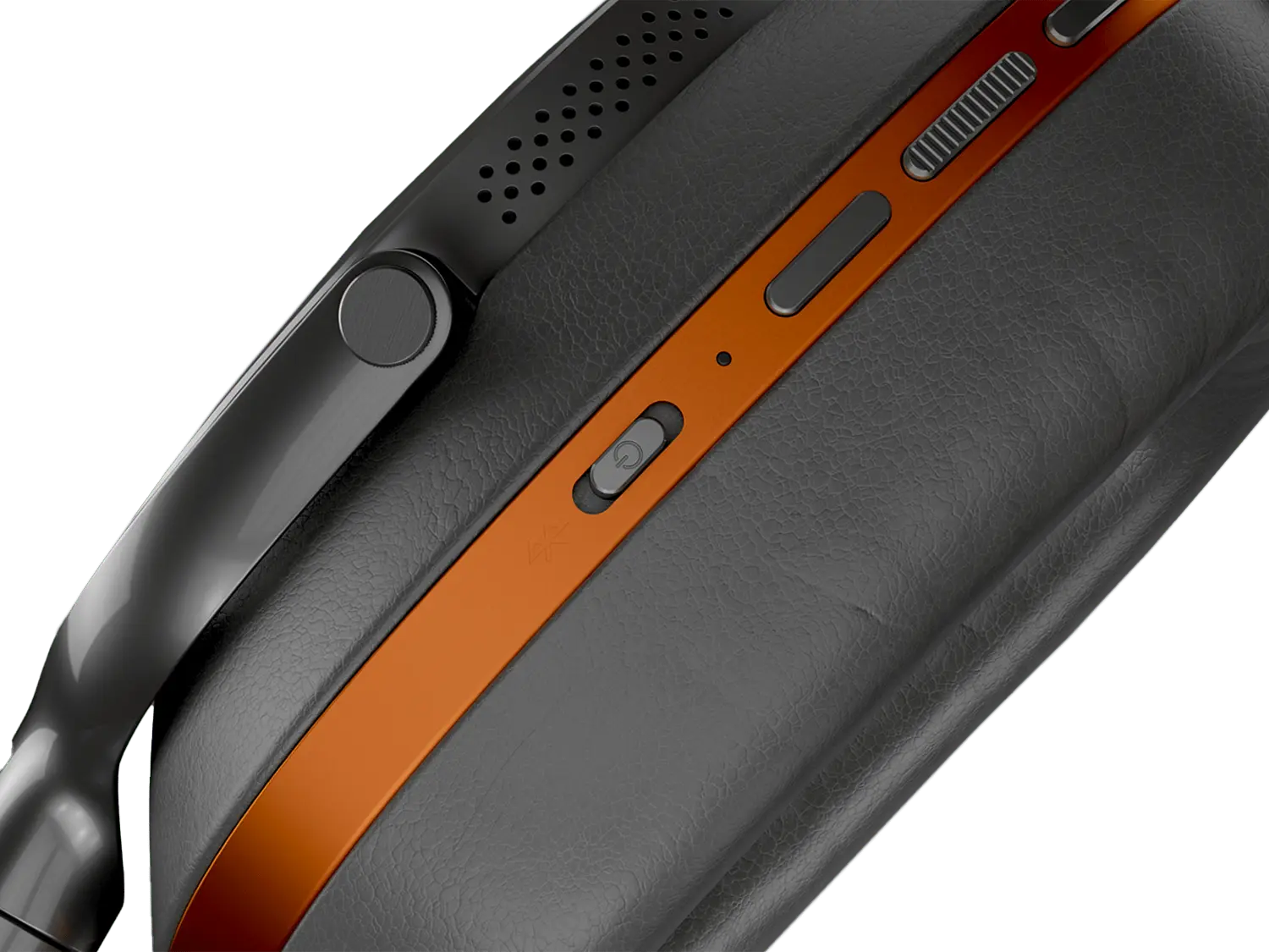 Close-up of a Bowers & Wilkins PX8 McLaren Edition Wireless Headphone with a black and orange details on a white background
