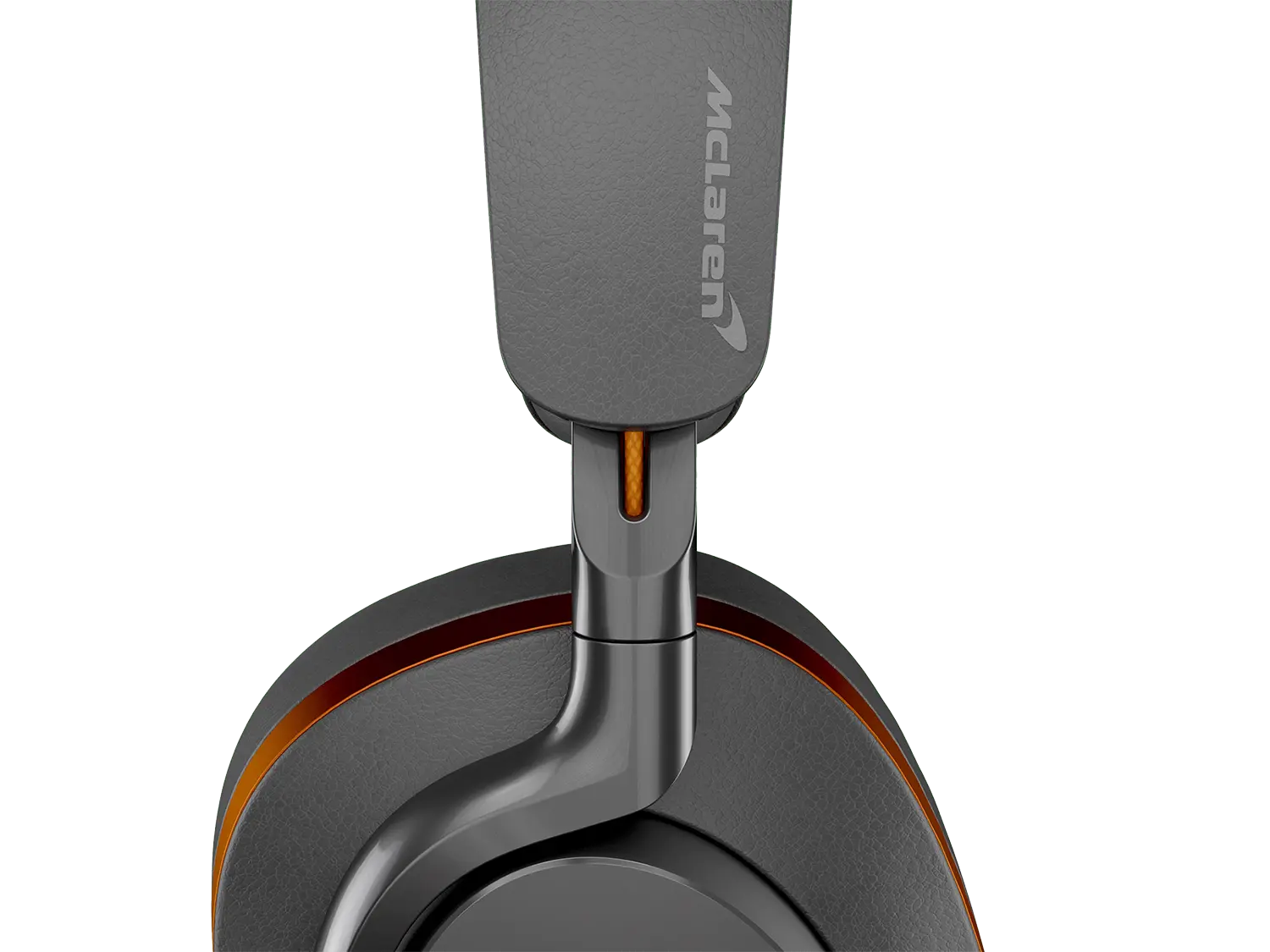 Close-up of a Bowers & Wilkins PX8 McLaren Edition Wireless Headphones headset on a white background