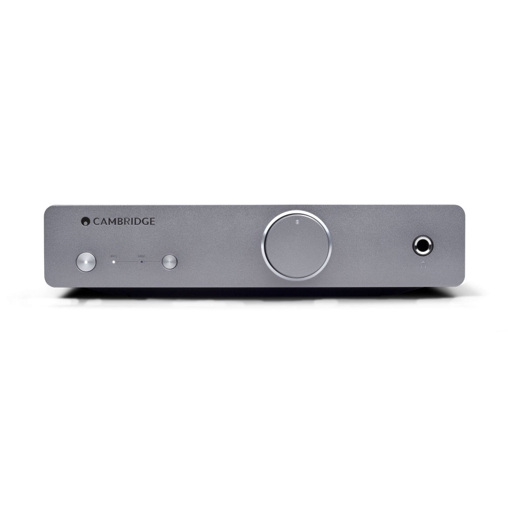 Cambridge Audio DUO Phono Stage with a volume knob and input and output ports on the front panel, in a gray color.