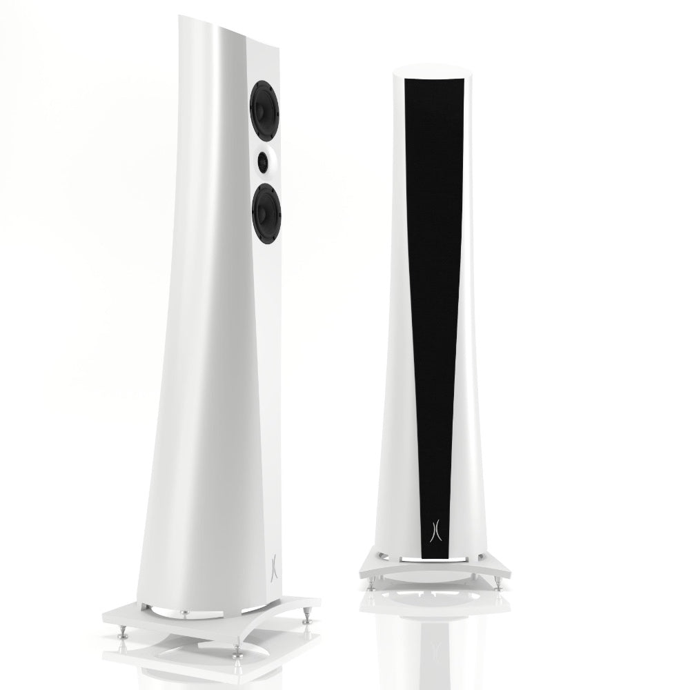 An Estelon white Aura Floor Standing Speaker with a white front and black base, featuring a minimalist design.