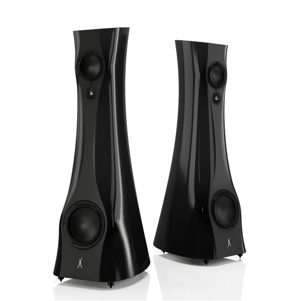 A pair of Black Lava Liquid Gloss Estelon XB Diamond MK II floor-standing speakers with a diamond tweeter and a mid-woofer.