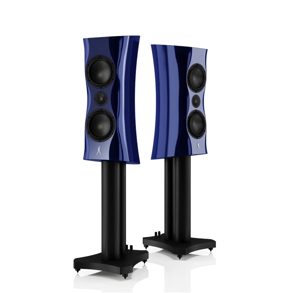 A pair of blue cobalt Estelon XC MK II stand mount speakers with integrated stands.
