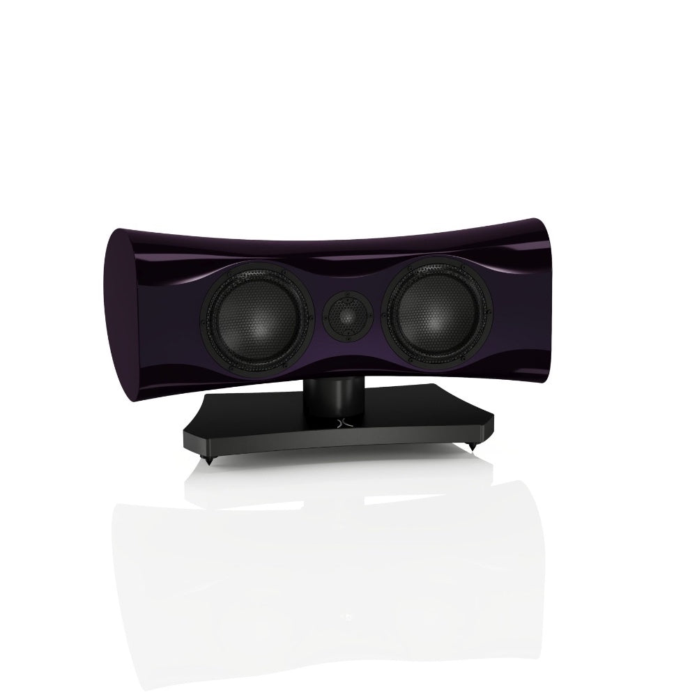A black Estelon X Centro MK II centre channel speaker with an integrated stand with violet finish.