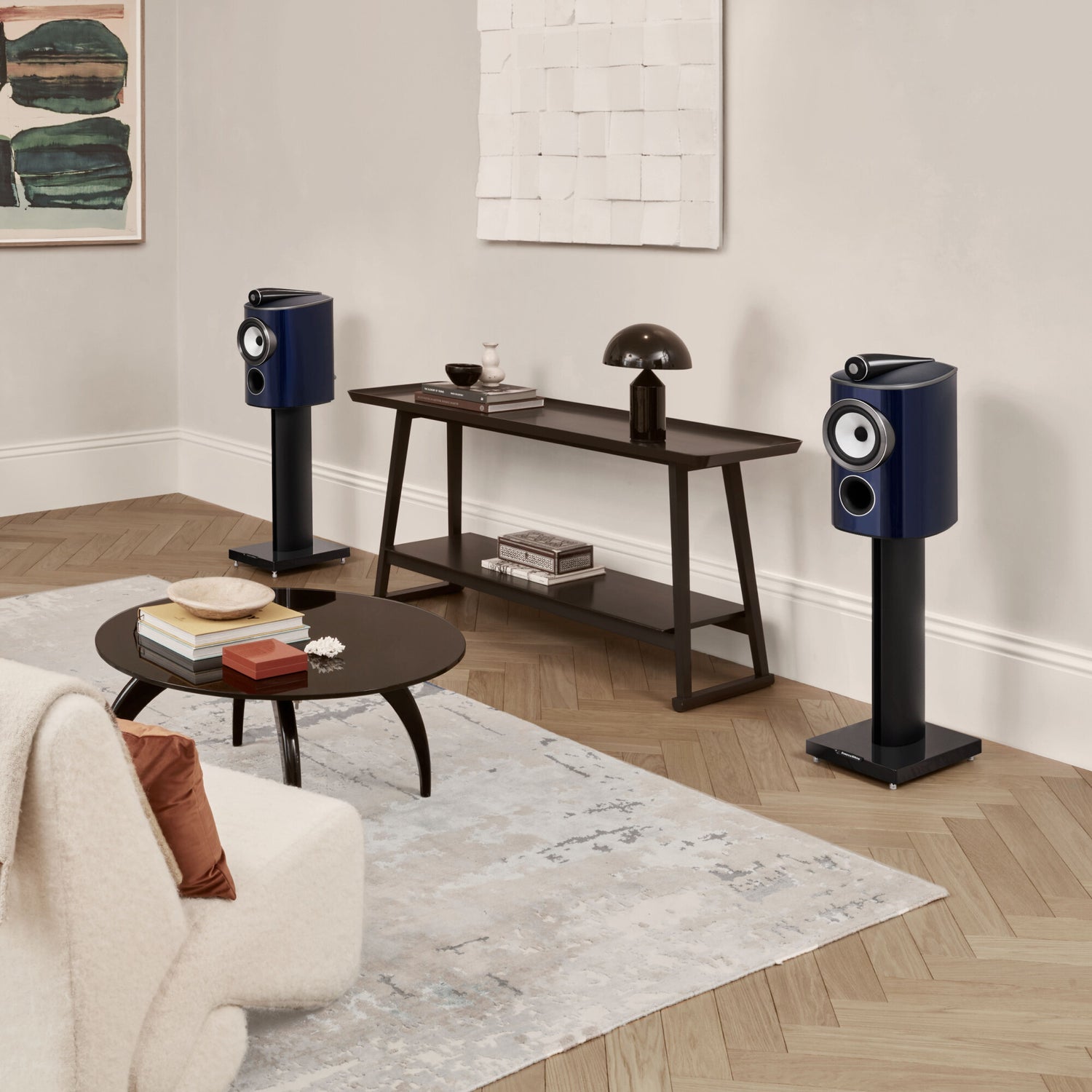 A pair of B&W 805 Signature Bookshelf Speakers in midnight blue metallic finish.