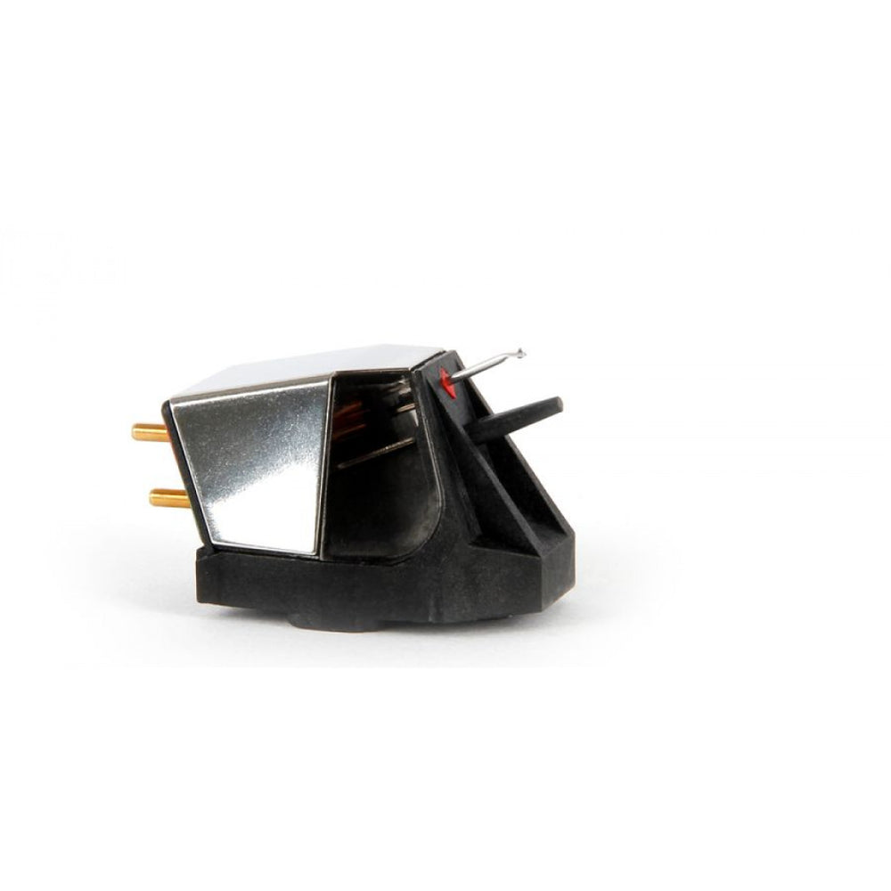 Rega ND5 MM phono cartridge with black body and silver top plate isolated on white background.