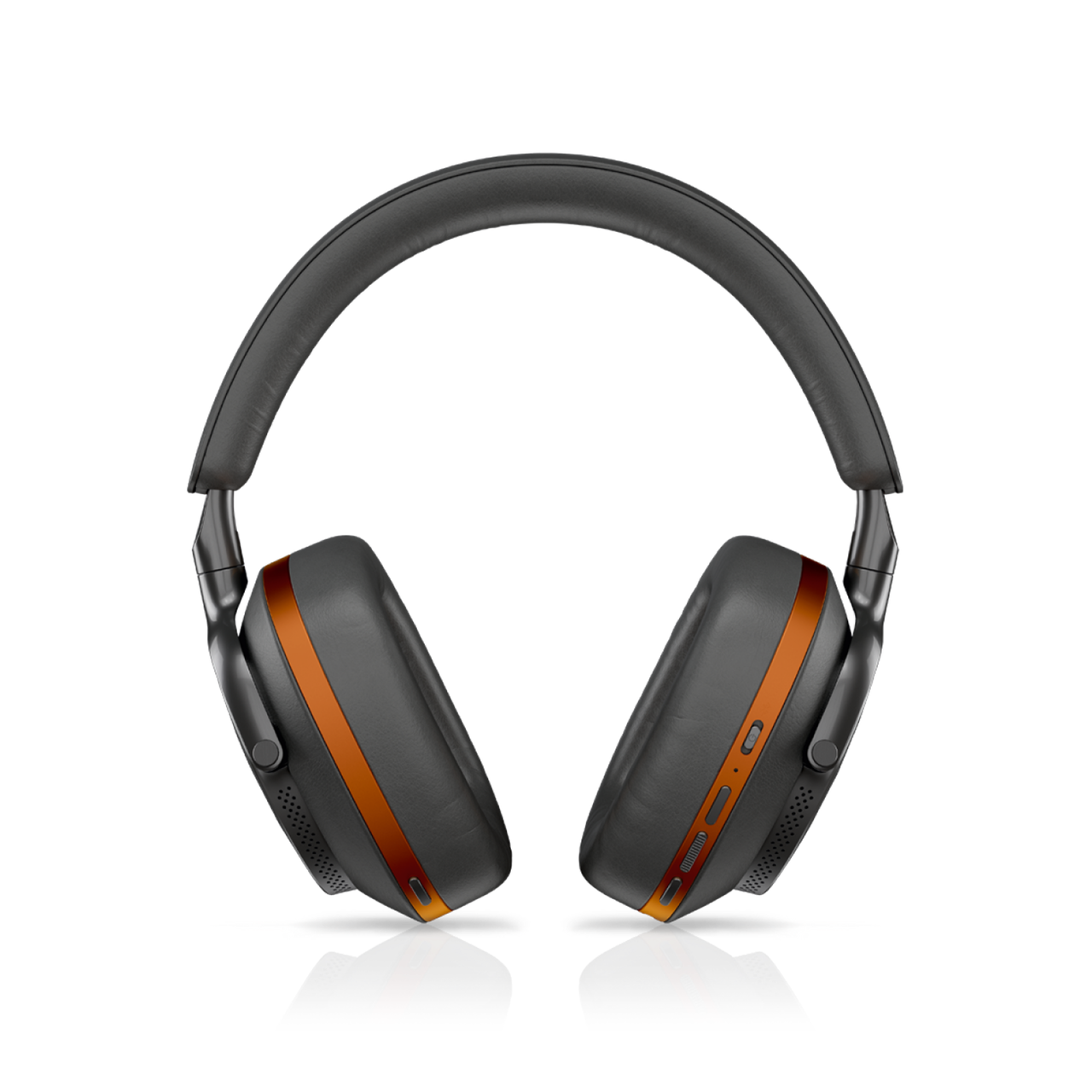 A side view of Bowers & Wilkins PX8 McLaren Edition Wireless Headphones, featuring Galvanic grey leather with Papaya orange details.