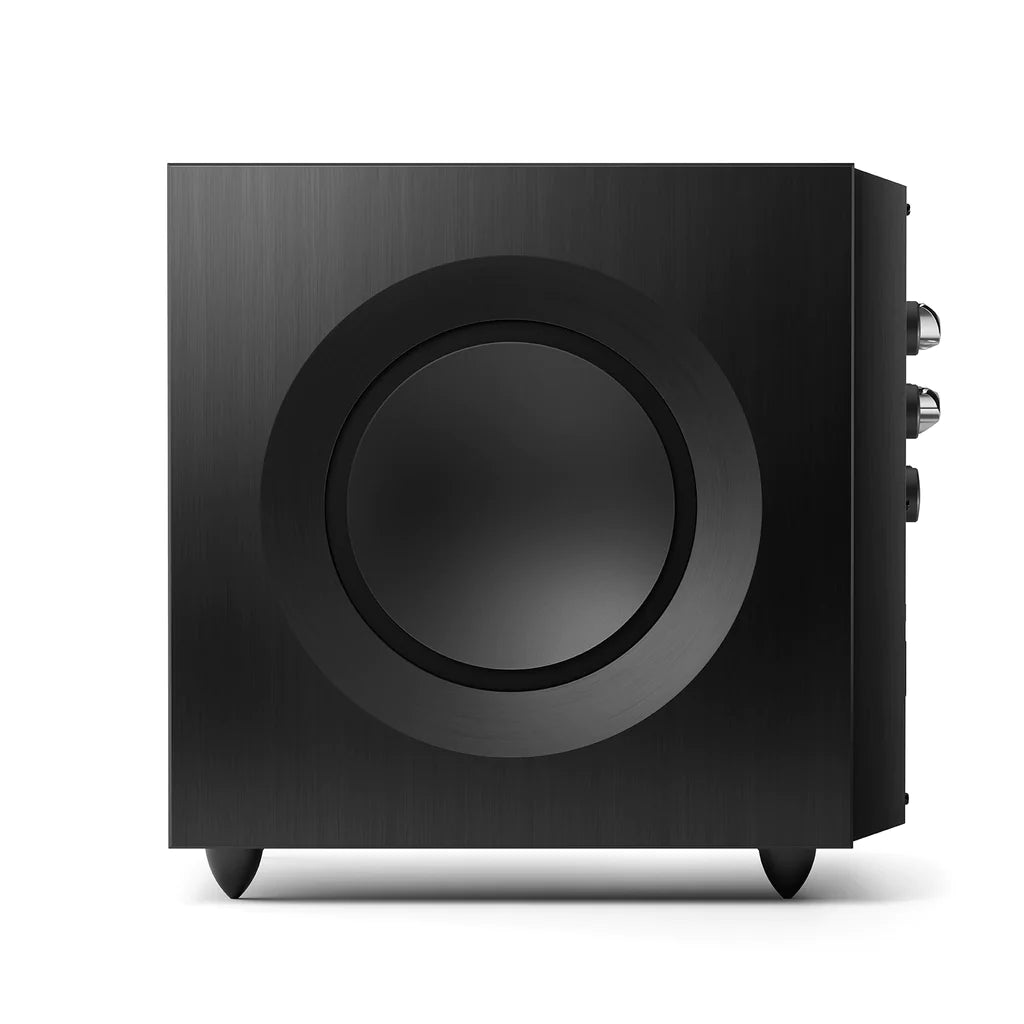 A front view of a KEF Reference 8b Subwoofer in black finish.