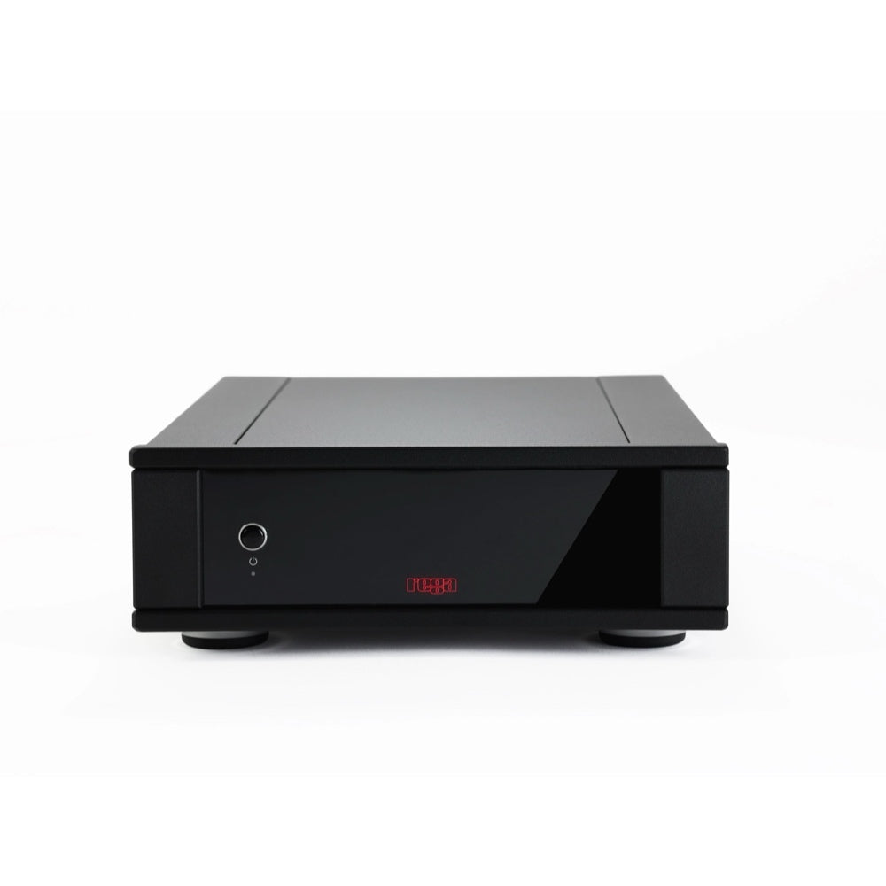 Black Rega Aos MC Phono Preamp with a red display on a white background