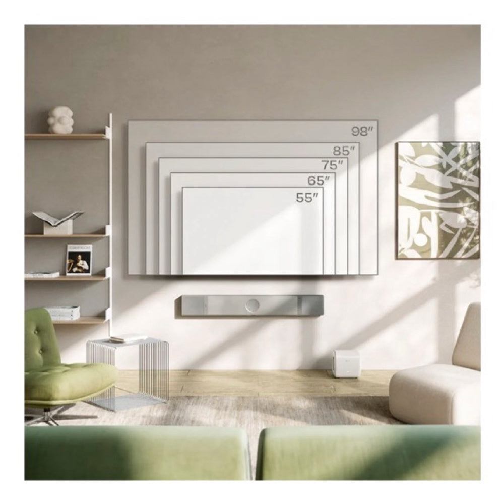 Modern living room with a wall-mounted television and KEF XIO Sound Bar.