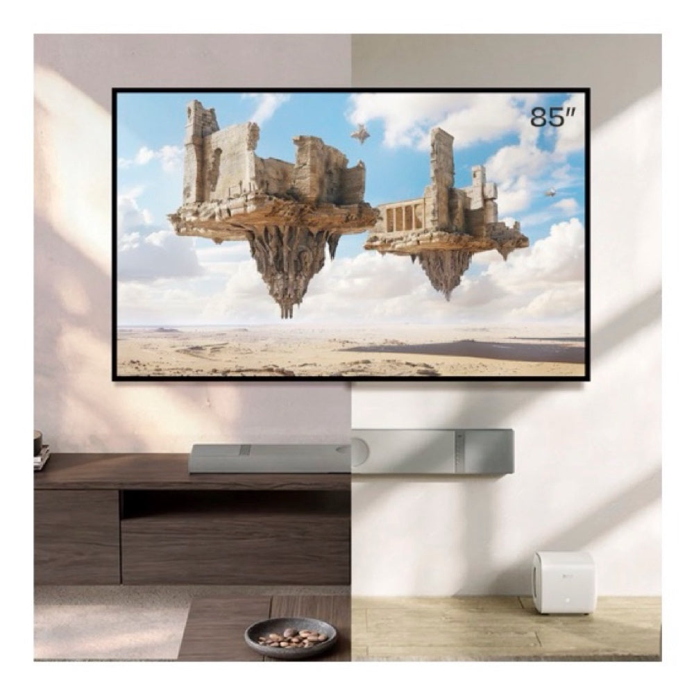 Large TV screen displaying a fantasy scene with floating castles above a KEF XIO Sound Bar in a room.