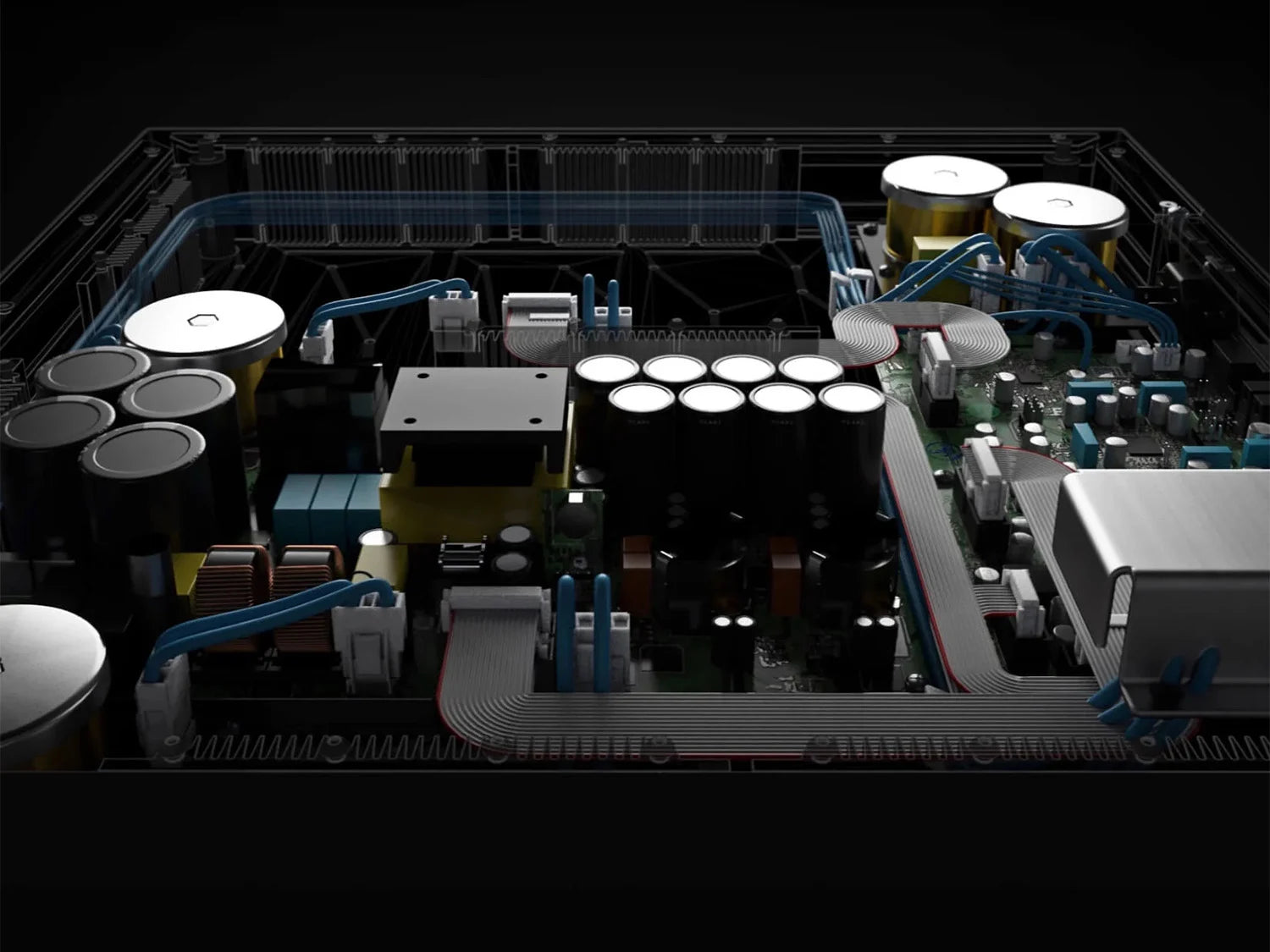 Close-up of electronic components of a B&W DB2D Dual 10'' Subwoofer - Hi-Fi Centre
