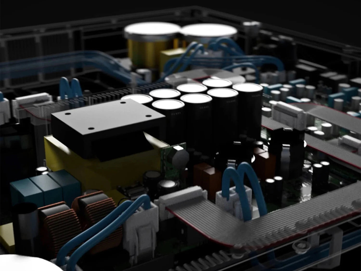Close-up of a computer motherboard of a B&W DB4S 10” Subwoofer with various components.