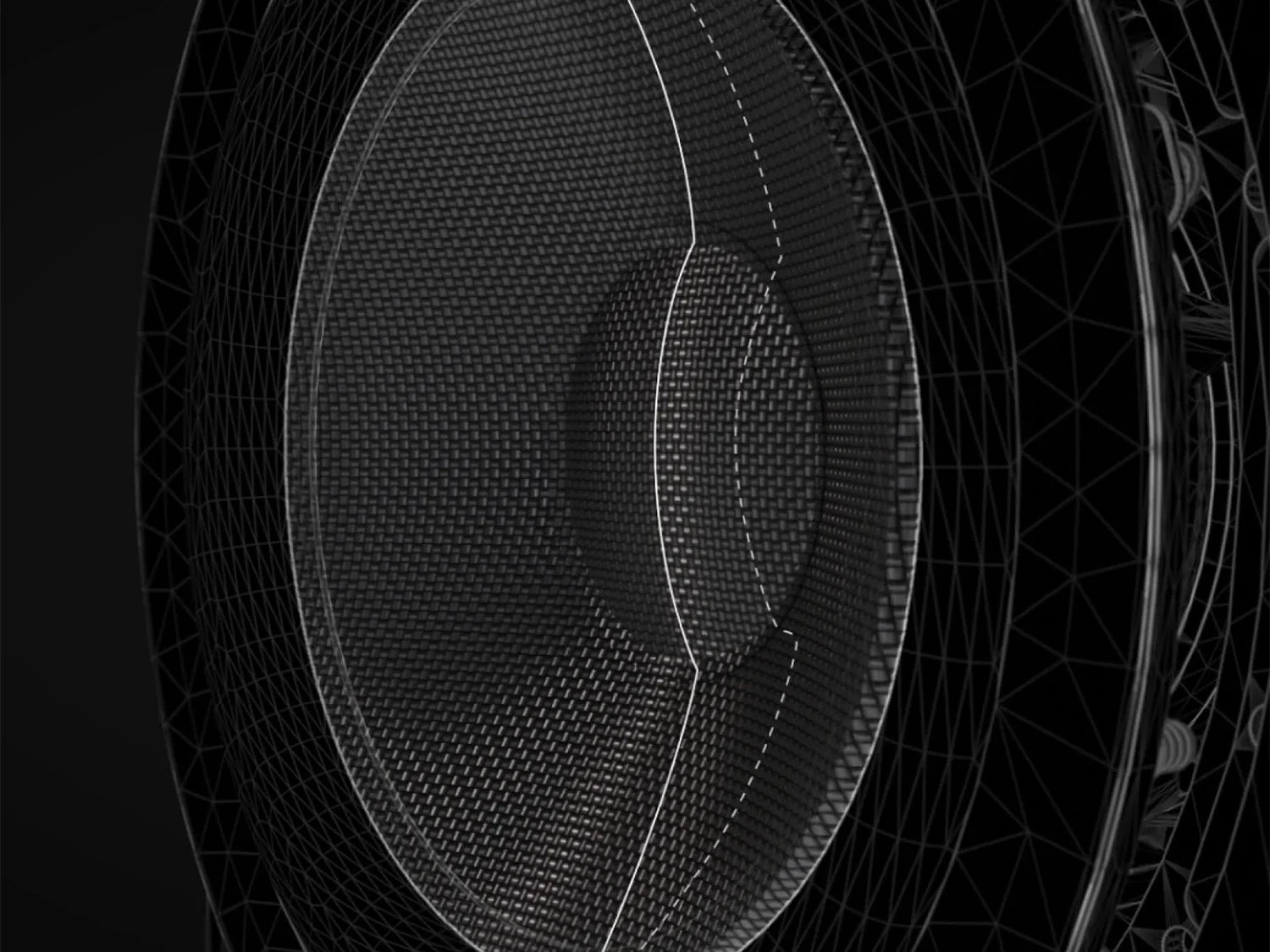 Close-up of a B&W DB4S 10” Subwoofer on a black background.