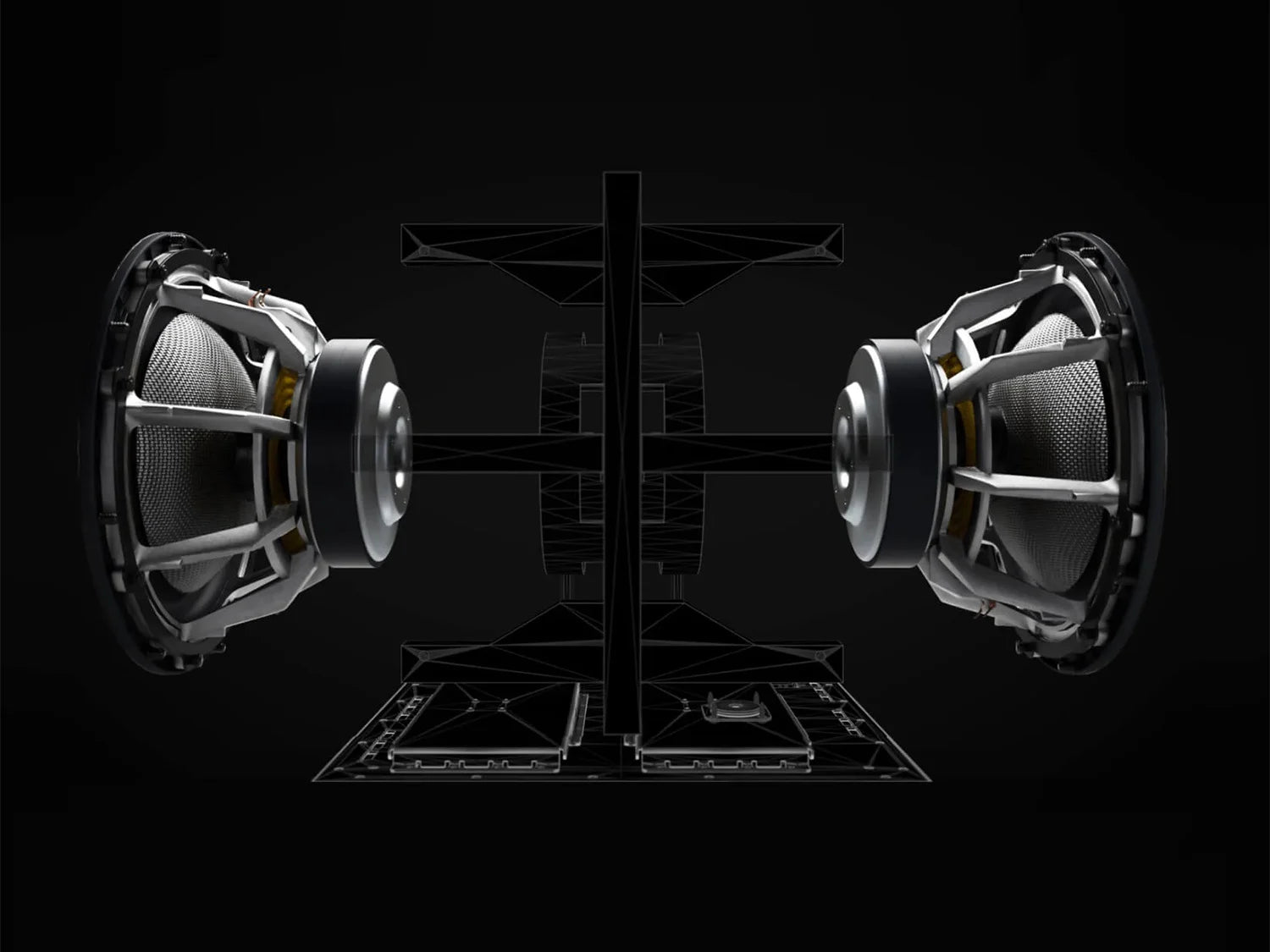 Detail of the inside of a B&W DB3D Dual 8” Subwoofer