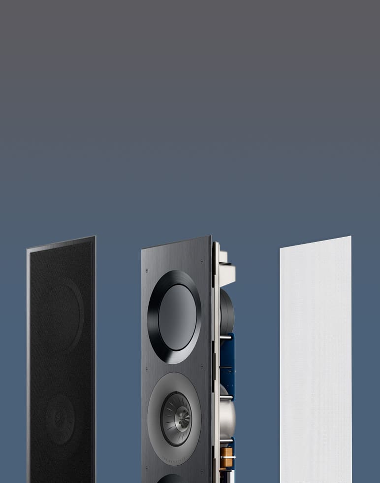 Three KEF Ci3160REFM-THX Reference In-Wall speakers of without a cover and with different covers on a gradient blue background