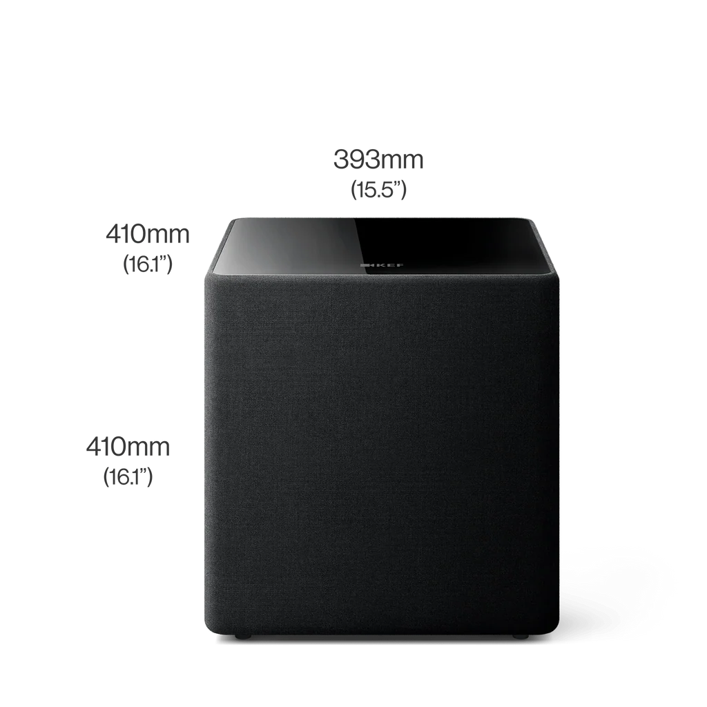 Black cube-shaped KEF KUBE 12 MIE 12" Subwoofer with dimensions labeled on a white background