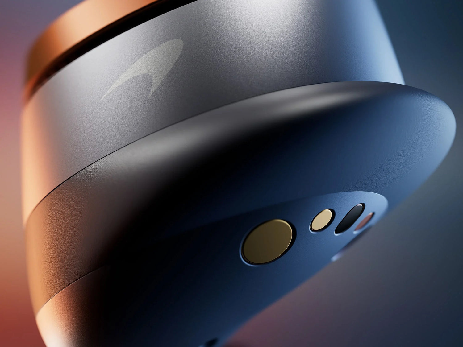 Close-up of a Bowers & Wilkins PI8, McLaren Edition headphones with a brand logo on a gradient background.