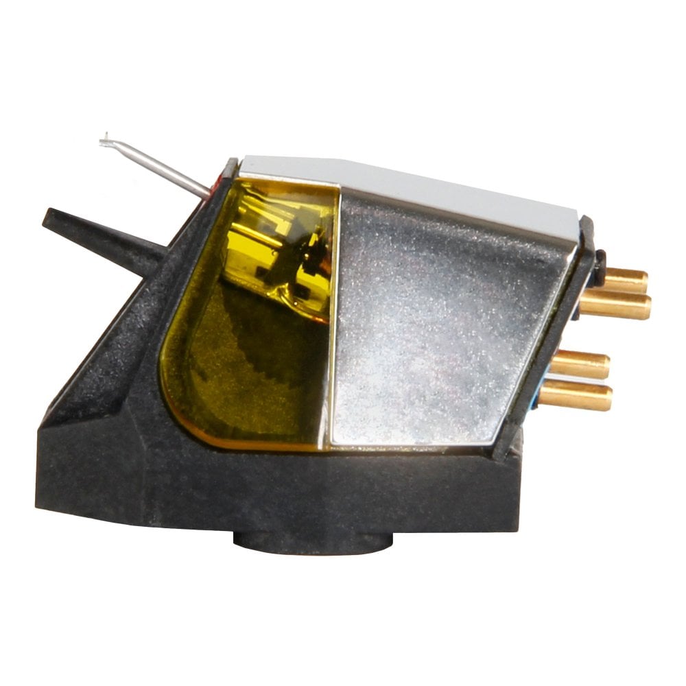 Compact Rega ND7 MM phono cartridge with black base, silver top, and yellow translucent casing.