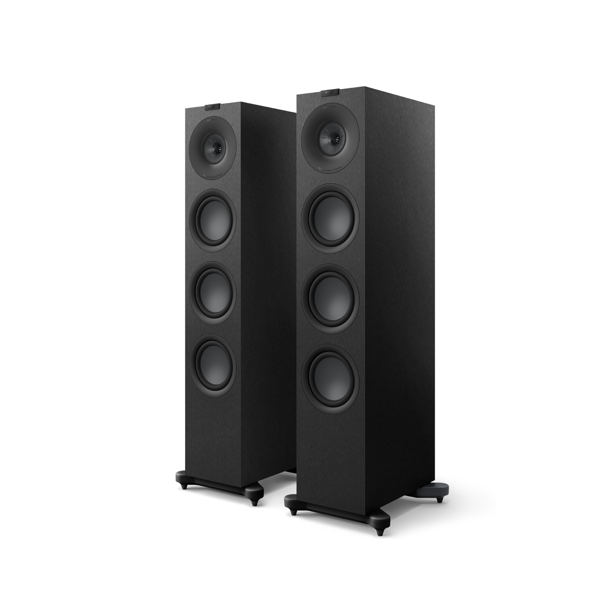 Pair of black floor-standing KEF Q11 Meta Floor Standing speakers on a white background