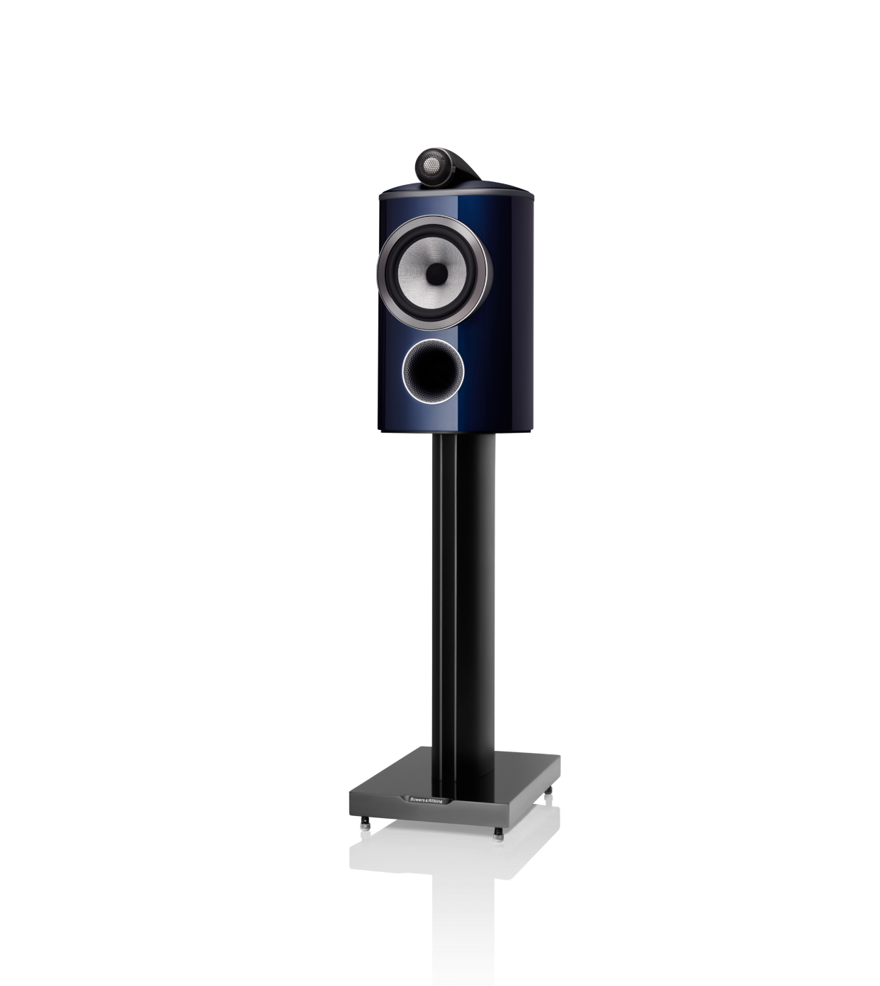 B&W 805 Signature Bookshelf Speaker in midnight blue metallic color finish.