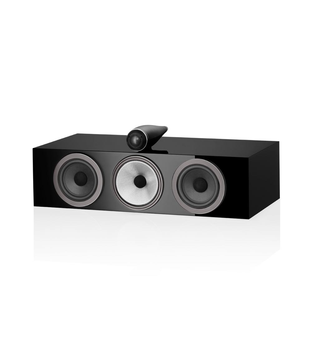 B&W HTM71 S3 speaker in gloss black finish.