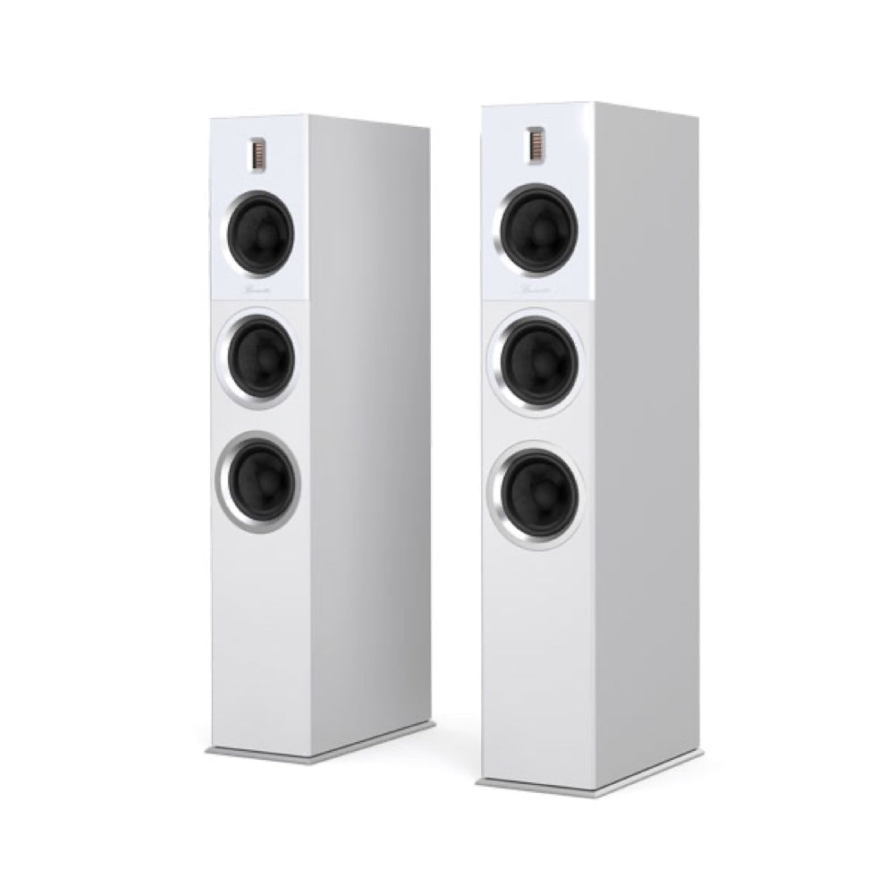 A pair of Burmester B28 Classic Line floor-standing speakers, featuring a white finish, black woofers, and silver tweeters - HiFi Centre.
