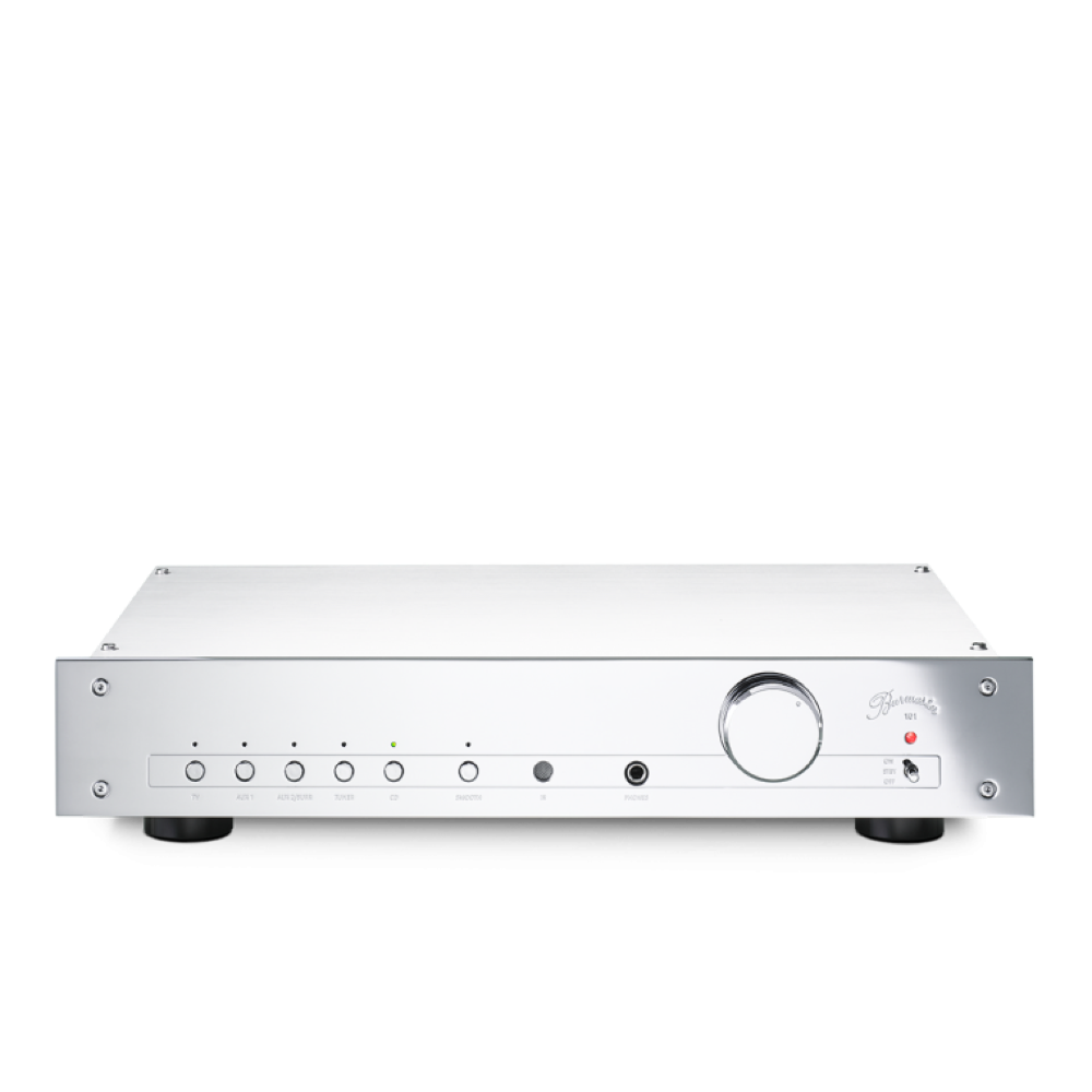 A silver Burmester 101 Classic Line Integrated Amplifier with a front-facing volume knob and input selection buttons - HiFi Centre.