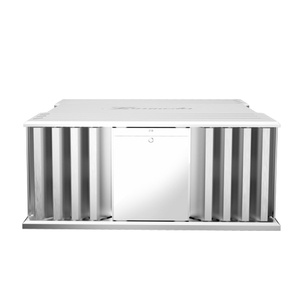 A front side of a silver Burmester 218 Reference Line power amplifier with cooling fins and a lid - HiFi Centre.