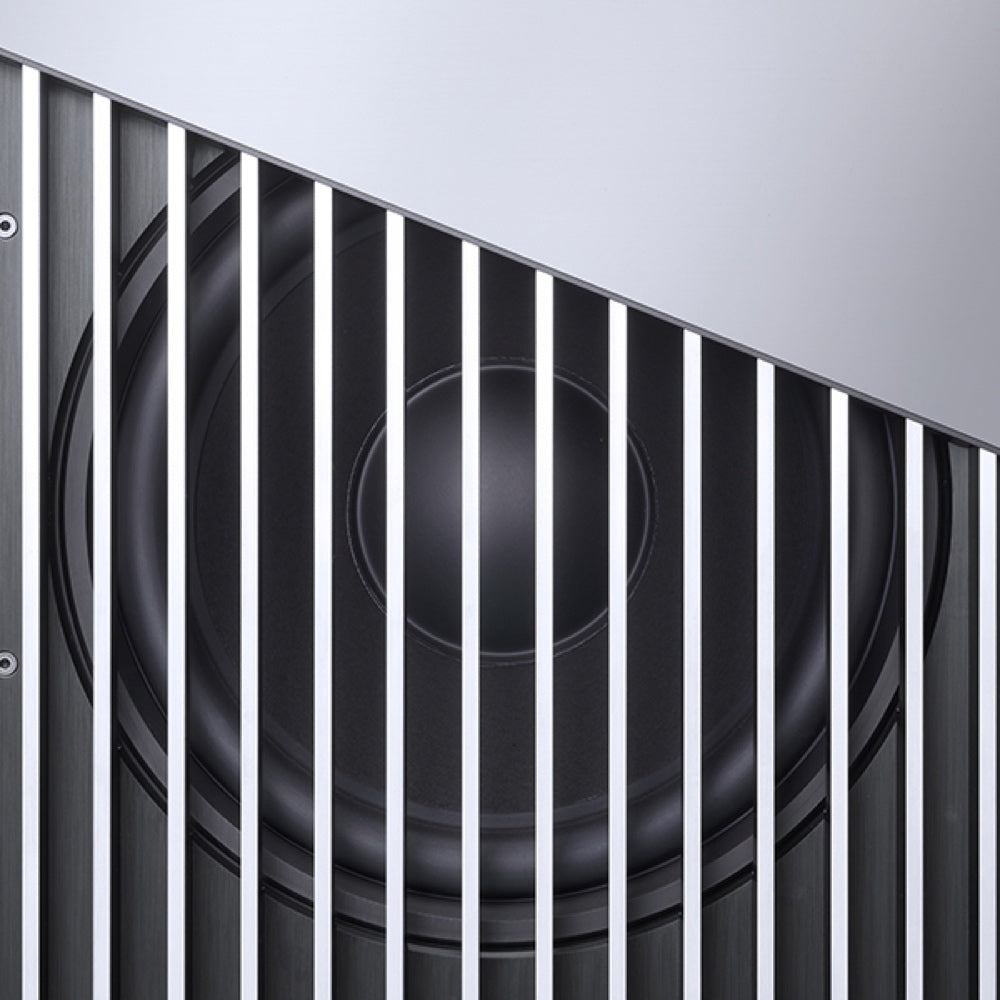 A detail of a Burmester BC350 Signature Line floor-standing speaker with a white aluminum frame and black speakers - HiFi Centre.