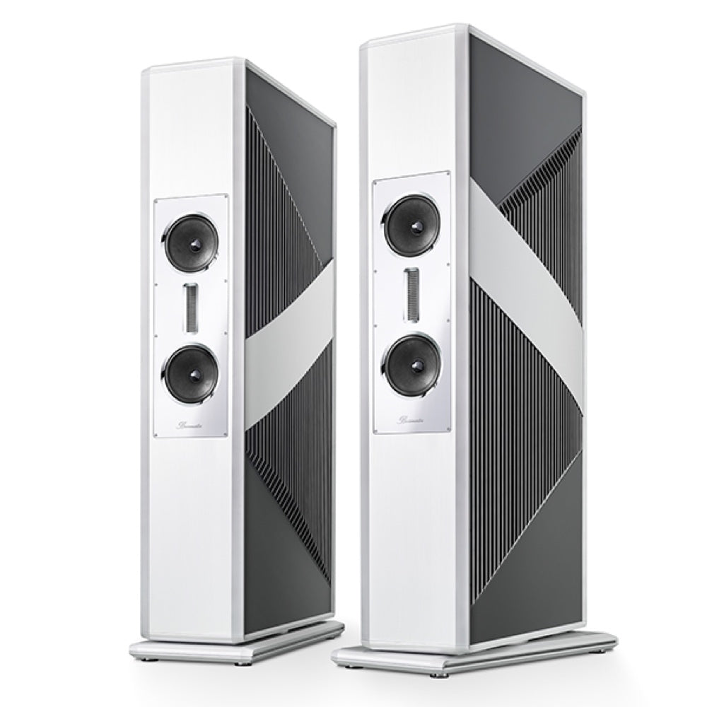 A pair of Burmester BC350 Signature Line floor-standing speakers with a white aluminum frame and black speakers - HiFi Centre.