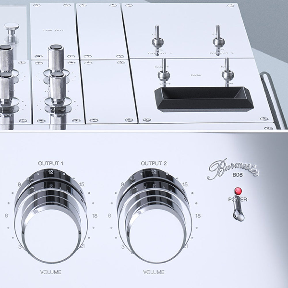 A detailed view of a silver Burmester 808 MK 5 Reference Line Preamplifier with a Burmester logo - Hi-Fi Centre.