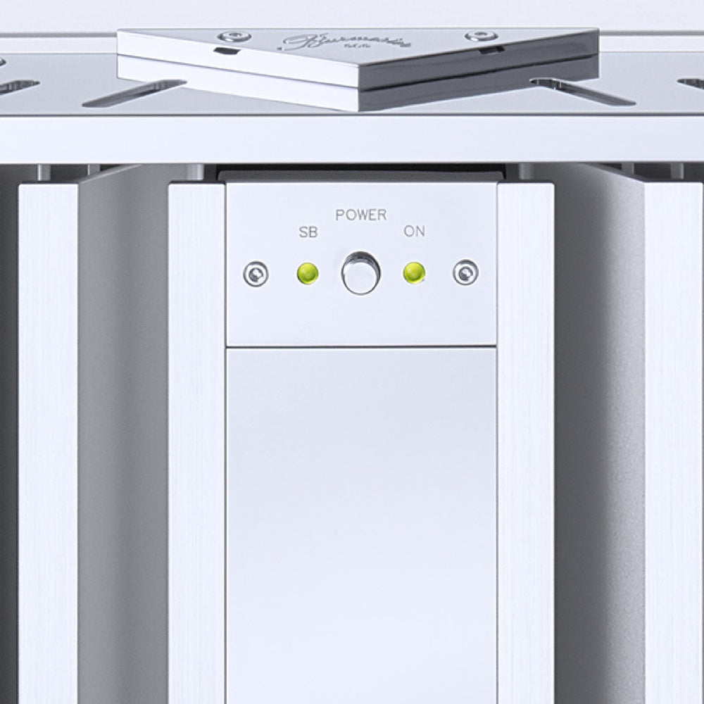 Silver Burmester 909 Reference Line Power Amplifier with a detail of power controls - Hi-Fi Centre.