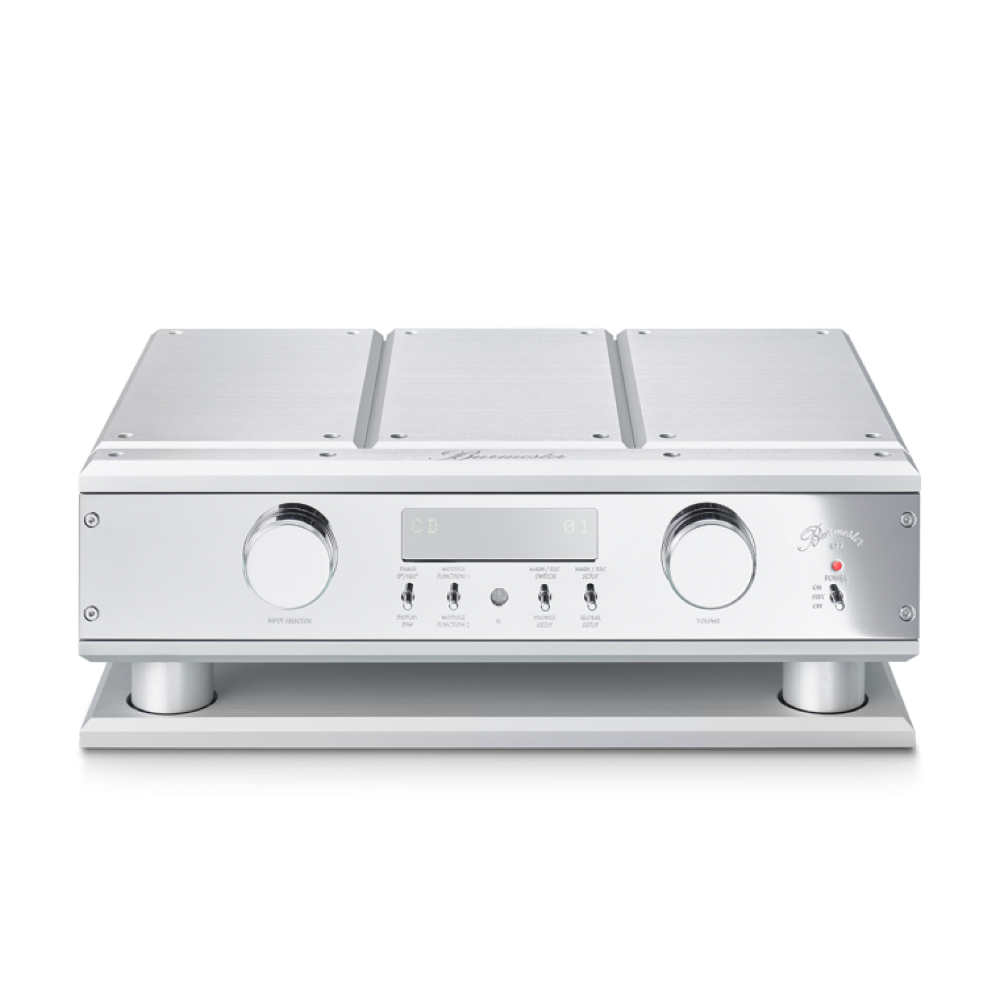 Silver Burmester 077 Reference Line Preamplifier with digital display and control knobs on the front panel, made of solid aluminum and carbon fiber damping - HiFi Centre.