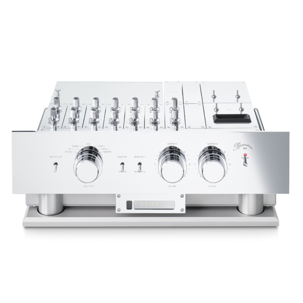 A front view of a silver Burmester 808 MK 5 Reference Line Preamplifier with multiple knobs and switches on the front panel, set on a chrome stand - Hi-Fi Centre.