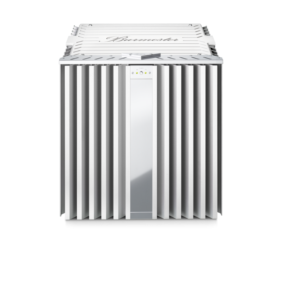 Silver Burmester 909 Reference Line Power Amplifier with a front-facing speaker connection point and control knobs - Hi-Fi Centre.