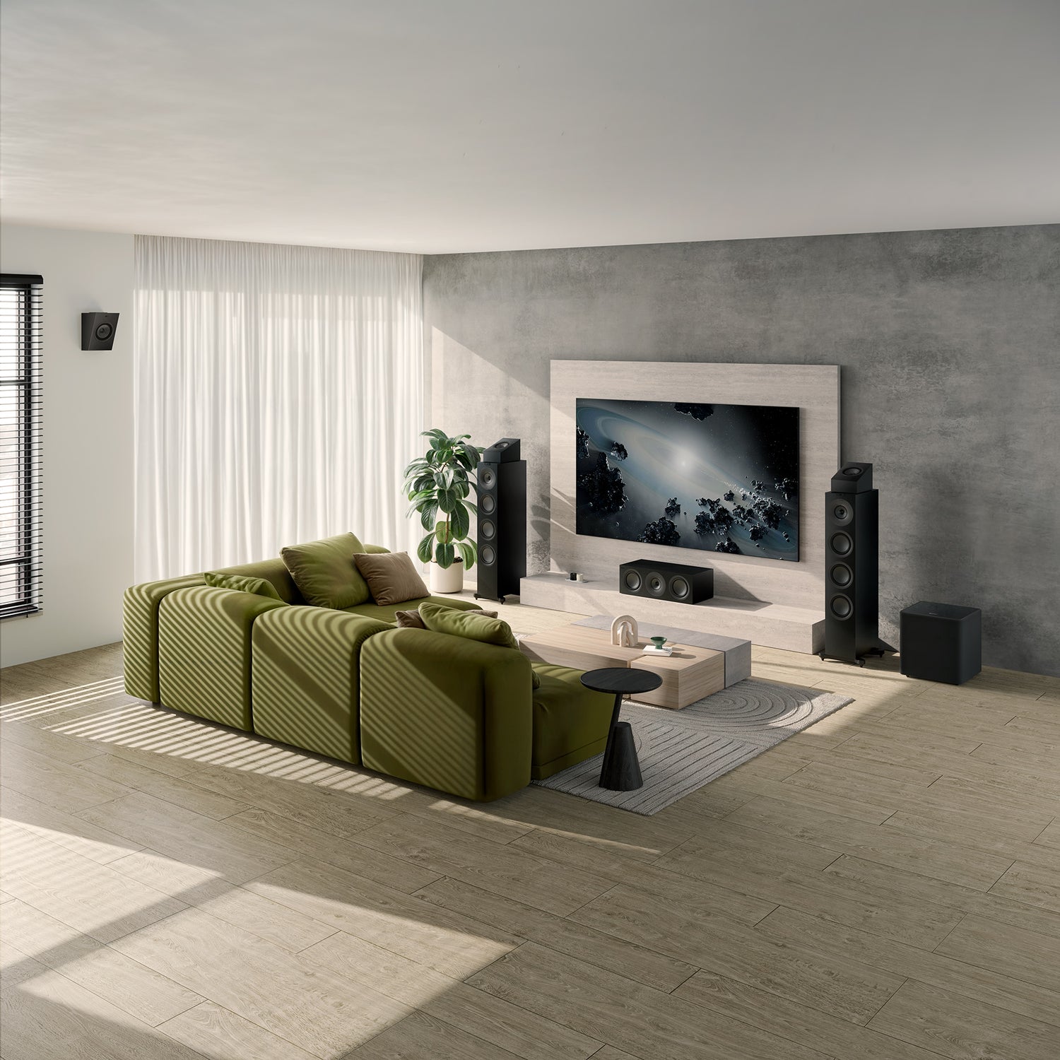 A modern living room featuring KEF Q Concerto Meta bookshelf speakers.