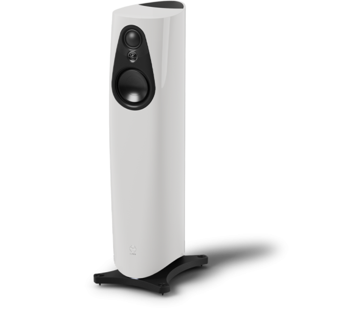 Alpine white Linn 343 floor-standing reference speaker with black drivers and a sculpted base for home audio systems.